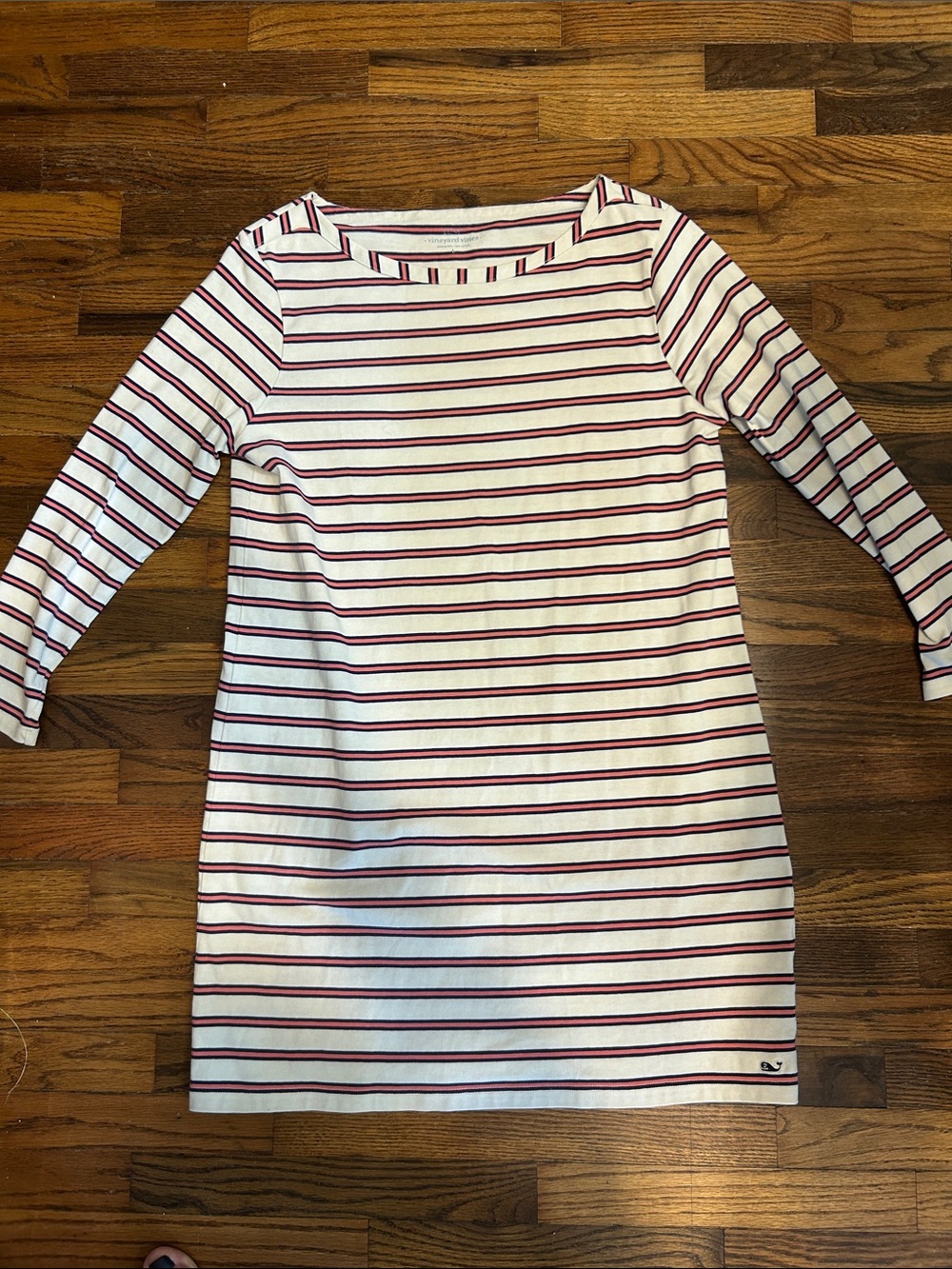 Vineyard Vines White Dress with Burgundy Stripes - Long Sleeve